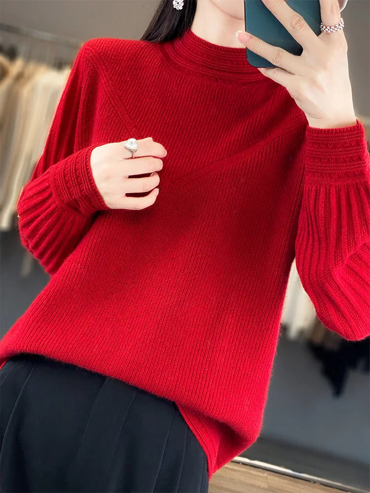 “Nordic Inspired Merino Wool Sweater Women’s Autumn Winter Mock Neck Pullover”