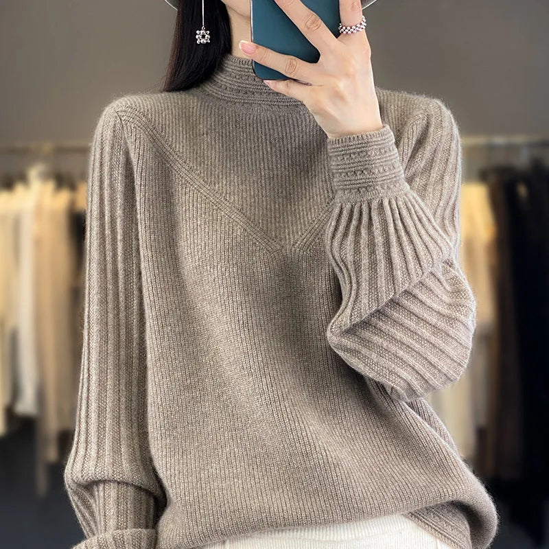 “Nordic Inspired Merino Wool Sweater Women’s Autumn Winter Mock Neck Pullover”