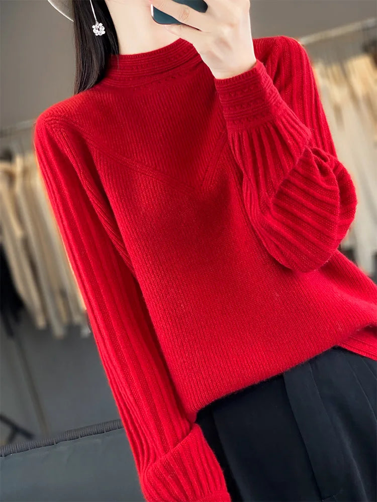 “Nordic Inspired Merino Wool Sweater Women’s Autumn Winter Mock Neck Pullover”