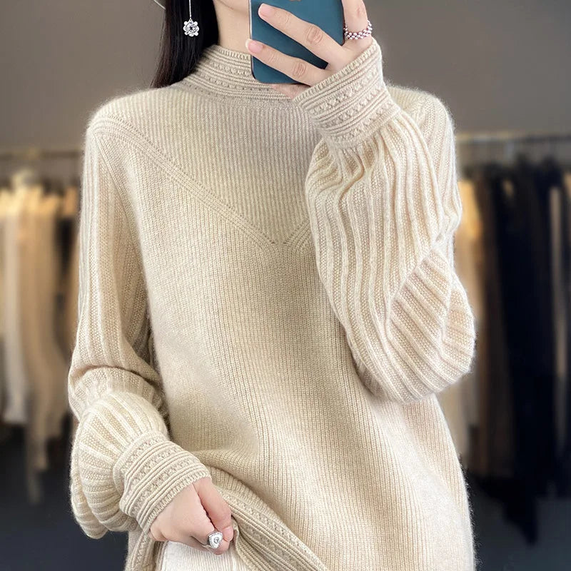 “Nordic Inspired Merino Wool Sweater Women’s Autumn Winter Mock Neck Pullover”