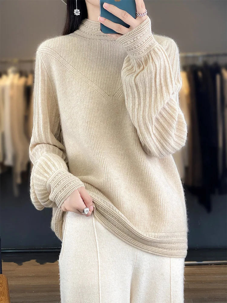 “Nordic Inspired Merino Wool Sweater Women’s Autumn Winter Mock Neck Pullover”
