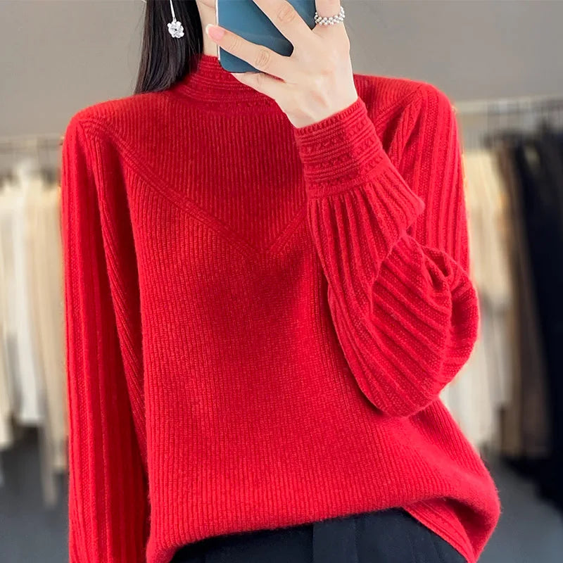 “Nordic Inspired Merino Wool Sweater Women’s Autumn Winter Mock Neck Pullover”