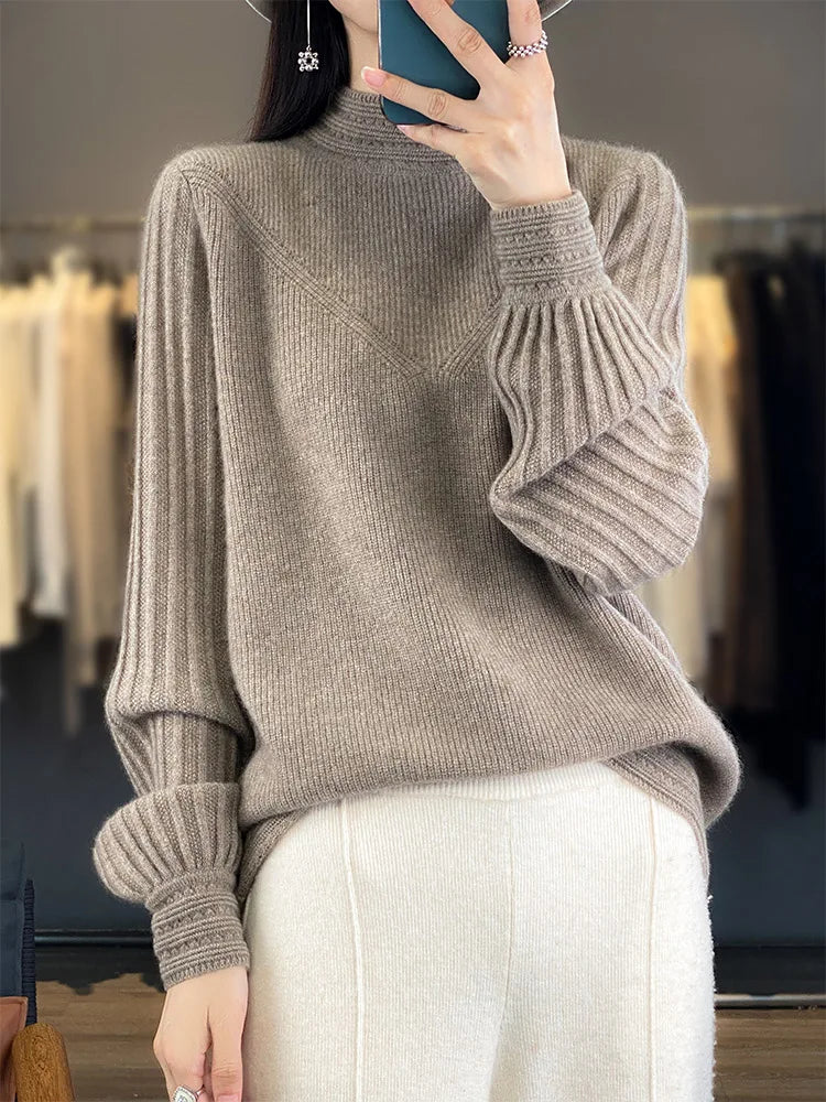 “Nordic Inspired Merino Wool Sweater Women’s Autumn Winter Mock Neck Pullover”