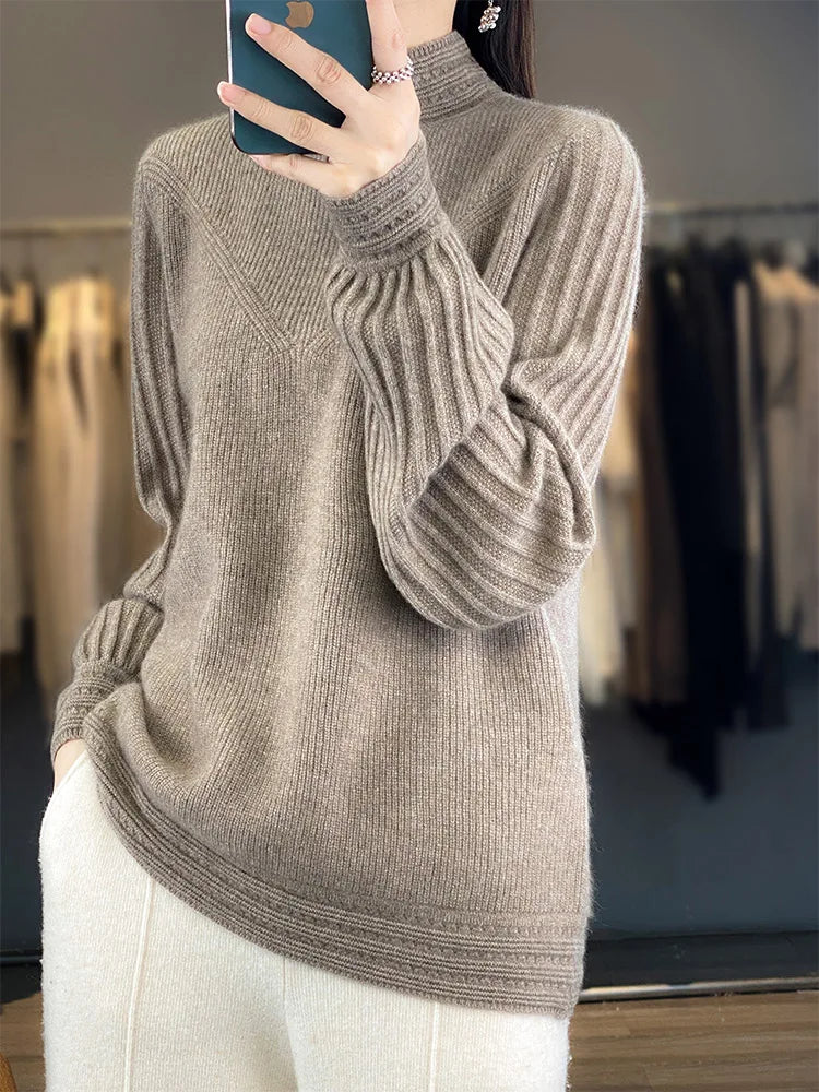 “Nordic Inspired Merino Wool Sweater Women’s Autumn Winter Mock Neck Pullover”