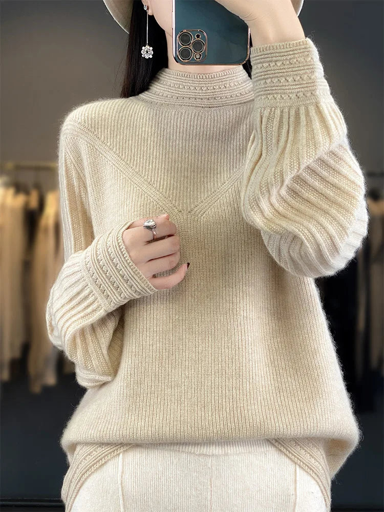 “Nordic Inspired Merino Wool Sweater Women’s Autumn Winter Mock Neck Pullover”